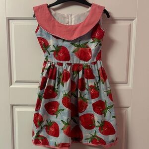 Strawberry Print Kids Dress with Pink Collar